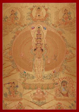 Gold Style Lokeshvara Thangka with White Tara, Shakyamuni Buddha, Green Tara, Manjushri, and Vajrapani |Avalokiteshvara Painting